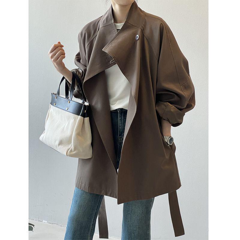 Women's British Style Retro Trench Coat with Stand-Up Collar - Tie Waist, Mid-Length, Petite Fit, Loose Outerwear for Spring & Autumn.