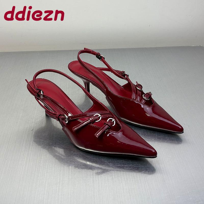 Fashion Fashion Buckle Elegant Women Medium Heels Sandals Shoes Spring Summer Pointed Toe Ladies Heeled Sandals Shoes Female Pumps