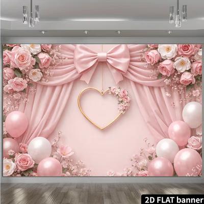 2D Pink Curtain Floral Backdrop Banner, Heart & Balloon Photography Background for Party & Photo Booth