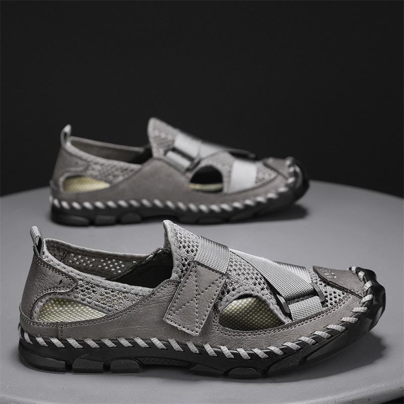 Herren Outdoor Wandersandalen Handgefertigt Sommer Römische Sandalen Retro Weit Geschlossene Zehen Grau Strand Wasserschuhe Übergröße