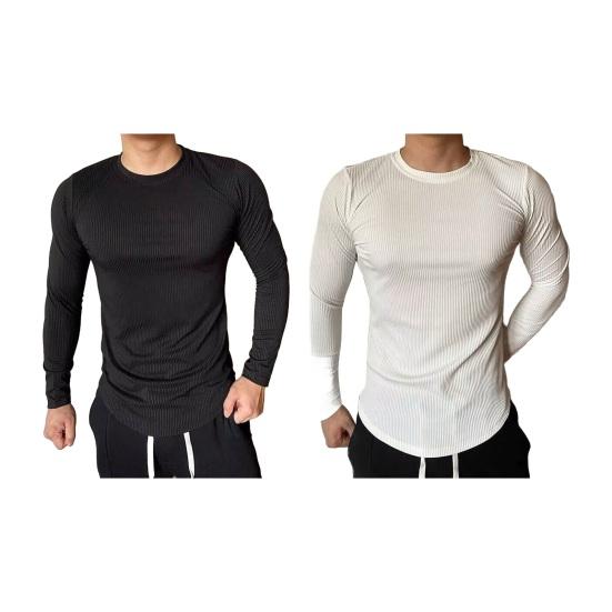 Men Sport Top Slim Fit High Elasticity Striped Texture Round Neck Quick-drying Long Sleeves
