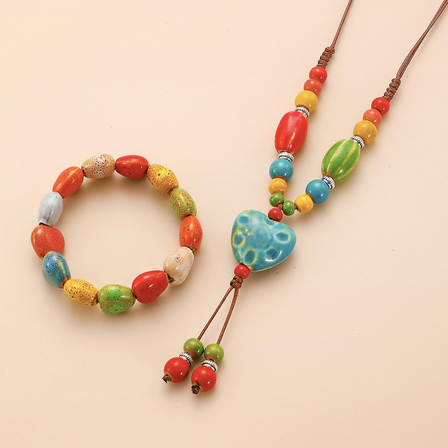 

Retro Ethnic Style Hand Woven Ceramic Love Necklace Pendant For Women Long Sweater Chain Bijouterie Sets 1 set