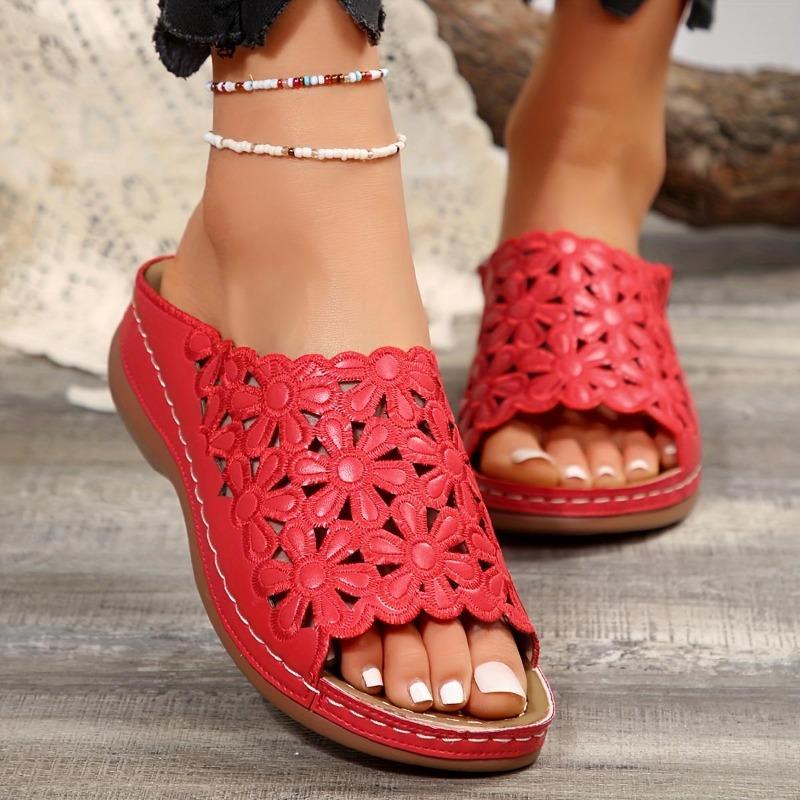Ladies, Floral Design, Comfortable Sandals, Hollow, Thick Soled, Walking Shoes, Wedge Heel Slippers