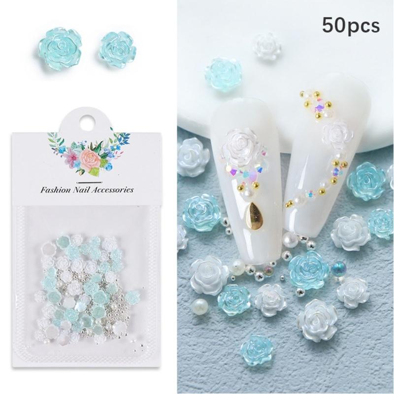 50Pcs Rose Flower Nail Art Decorations with Mini Pearls Resin Flower Nail Art Charms for DIY Acrylic Nails Bride Nail