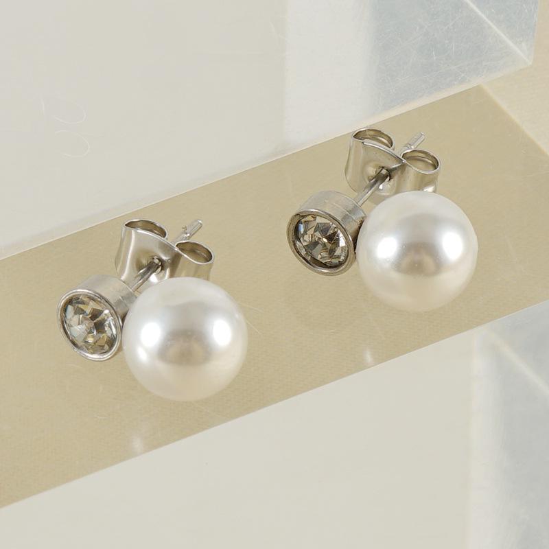 European & American Fashion Pearl Diamond Stud Earrings In Titanium Steel 18k - Versatile Stainless Steel Style for Women