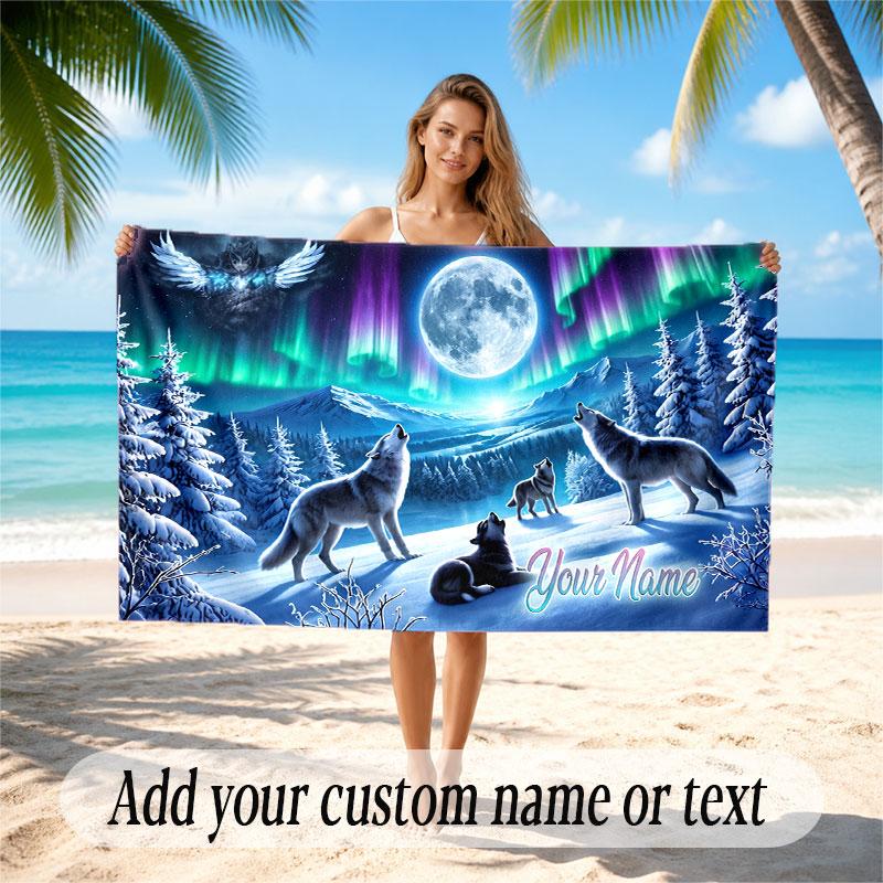 Wolf Theme Beach Towel Personalized Custom Name & Text Soft Quick Dry Beach Towel for Swimming Travel