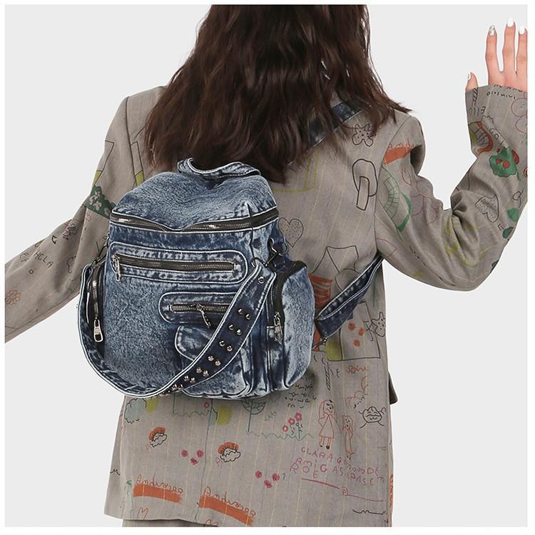 Schoolbag American denim backpack locomotive bag 1011 new niche design multi-pocket simple schoolbag women