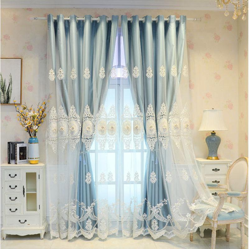 

Плотные шторы, европейские двухслойные шторы, пряжа для гостиной, спальни, плотные, роскошные, с тиснением и вышивкой, карниз для штор 240*270cm*2pcs синий