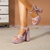 Super high heel waterproof table middle silk hollow thick heel open toe high heel sandals buckle cheongsam pink large size women
