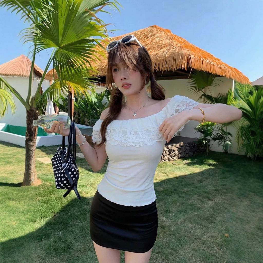 French Ruffle Edge One-word Shoulder Short-sleeved T-shirt Women's Summer Pure Desire Style Slim-fitting Bottoming Shirt Temperament Short Top