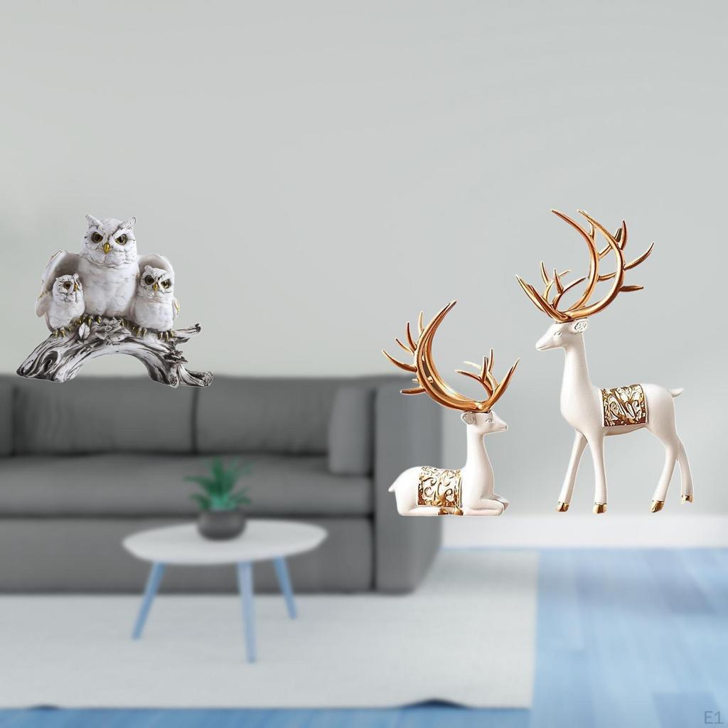Elegant Owl And Reindeer Sculpture Collection Figurines for Living Room Office Tabletop Cabinet