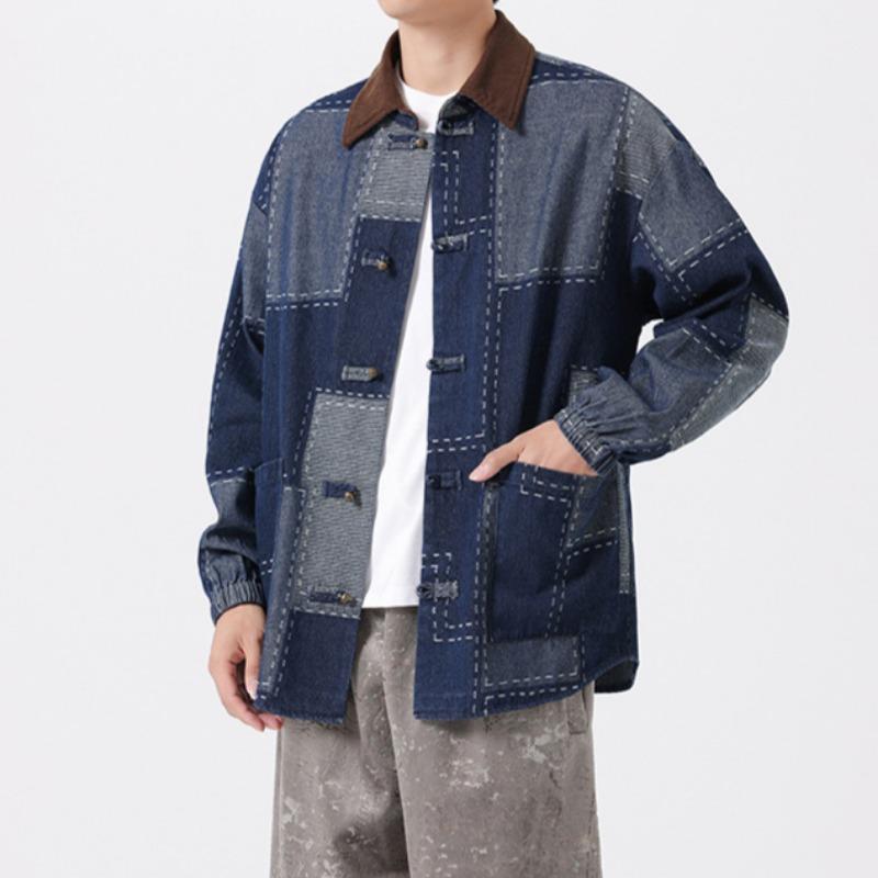 Spring and Autumn Men's New Loose Lar Retro Chinese Style Denim Jacket