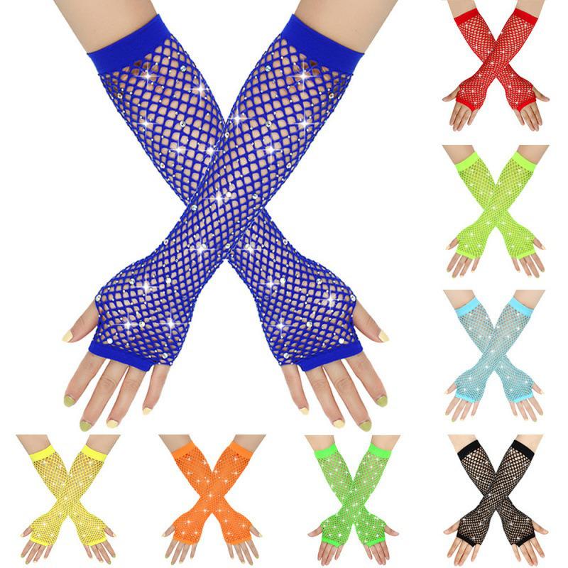 Rhinestone Fishnet Half-Finger Party Gloves