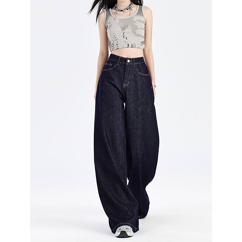 Spring and Autumn American Dark Blue Jeans Women's New Small High Waist and Thin Straight Loose Wide-leg Pants
