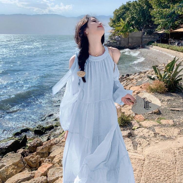 

Женское летнее пляжное платье для отпуска, милый и нежный стиль, французский элегантный потрясающий пляжный сарафан с открытыми плечами 2XL синий