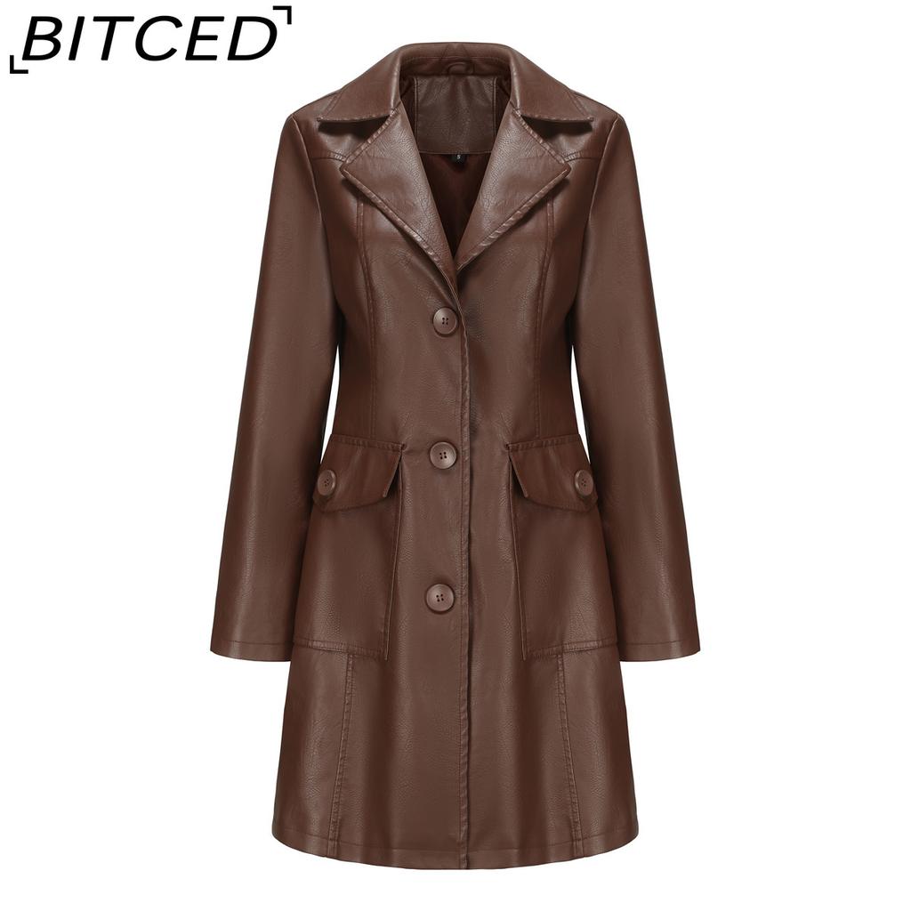 BITCED Long-Length Leather Coat Spring/Autumn Long-Sleeved Leather Trench Coat Stylish British-Style Outerwear Polo Neck Single-Breasted
