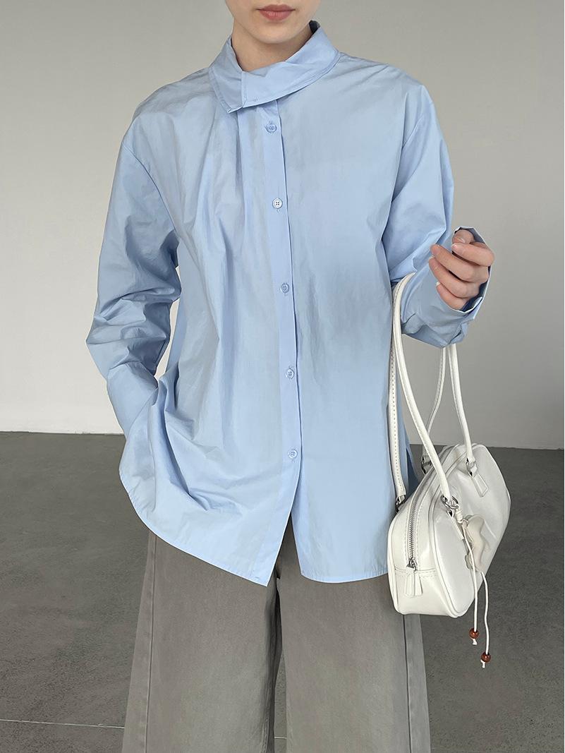 

Taoguan Women s Spring 26 Shirt: Irregular Collar, Pleated, Loose Fit (H25533) Large синій
