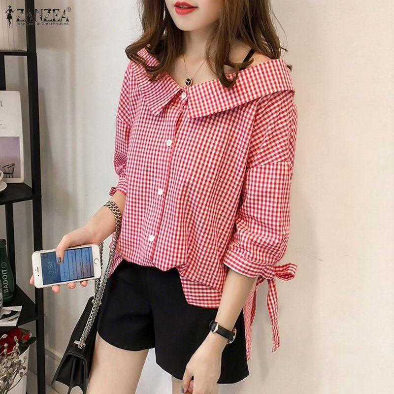 ZANZEA Damen Lässig Locker Reverskragen Kariert 3/4-Ärmel Bluse