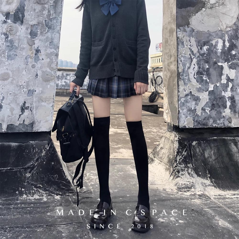 Samt-Wadenstrümpfe, Damen-Socken, dünne Beinstrümpfe, JK-Socken, schwarz, japanische mittelhohe und kniehohe Socken, Schlauchsocken