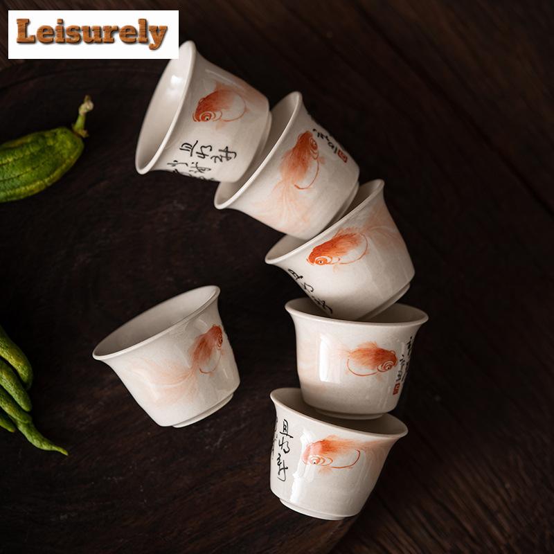 40ml Hand Painted Goldfish Tea Cups Grass Wood Gray Glazed Tasting Fragrant Cup Ceramic Msater Cup Meditation Cup Kung Fu Teaset