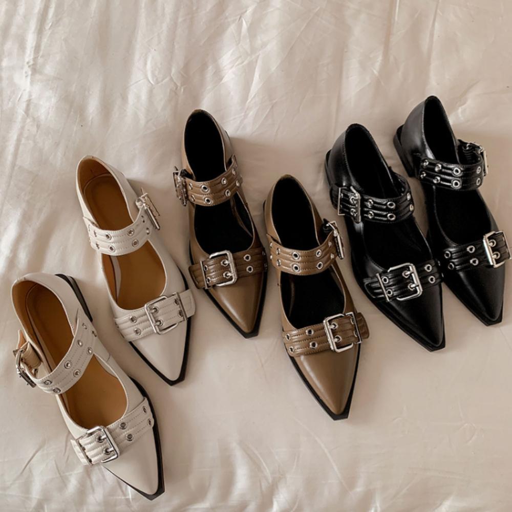 Fashion Women's Double Button Fashionable Flat Shoes, Rivet High Heels 2025 Fashionable Buckle Pointed Women's Flat Shoes