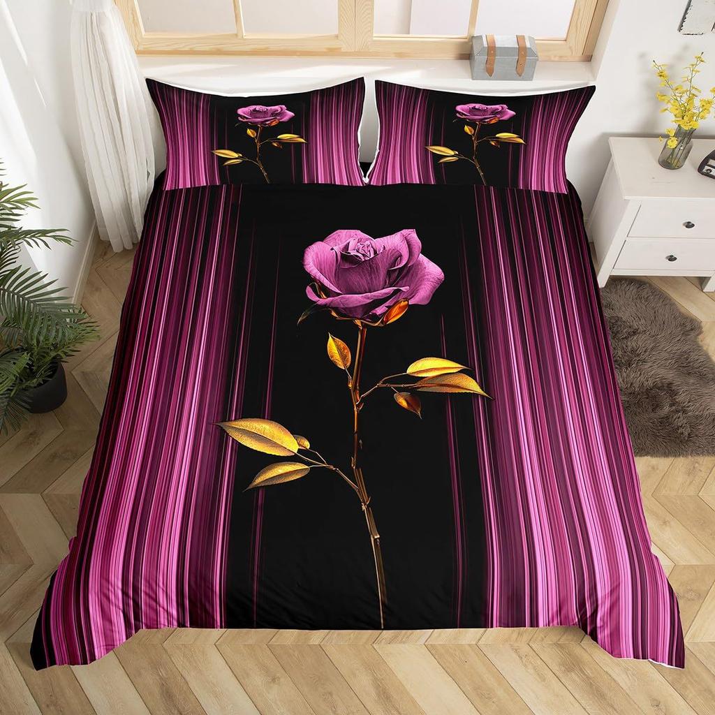 Purple Rose Duvet Set Romantic Flower Bedding Flower Three-Piece Valentine'S Day Couple Gift