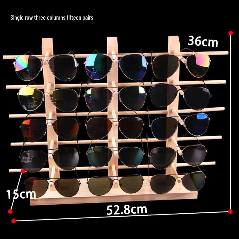 Stojak podłogowy z litego drewna na oprawki okularów i okulary przeciwsłoneczne