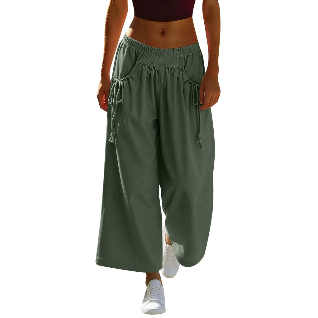Women's Loose Wide-leg Sweatpants, With Drawstring Pockets, Elastic Waistband, Three-quarter Length, Hiking Pants
