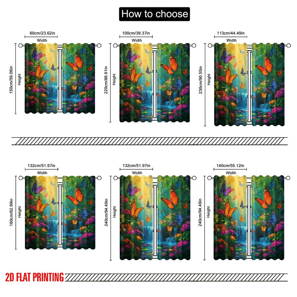 2pcs,2D Plane Printing Curtains Digital Printed Butterfly Paradise Versatile Polyester Fabric (without Rod) All Seasons for