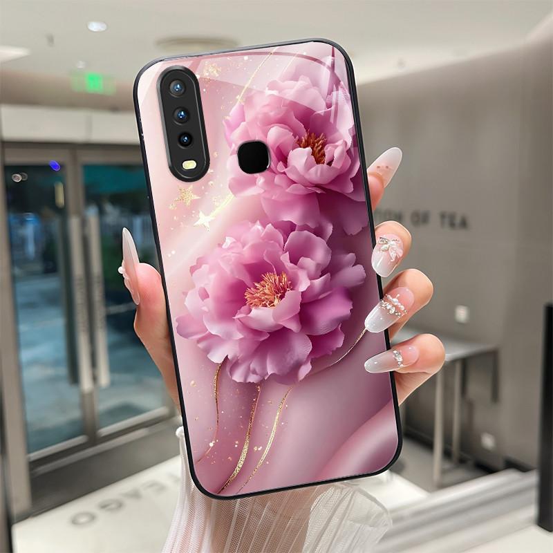 Beautiful Flower Cute Cats Case For Vivo Y11 2019 1906 Y12 Y17 Y15 Y19 Tempered Glass Phone Case Protective Cover Hard Shell