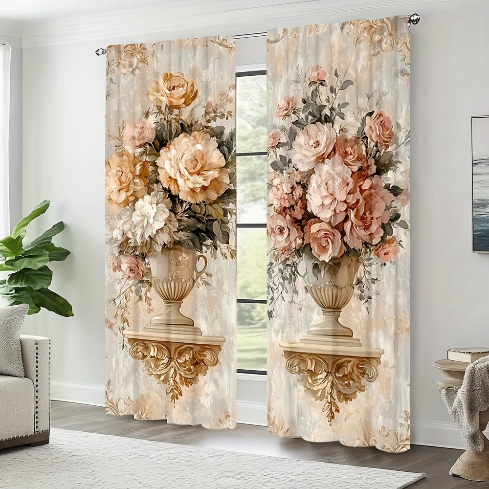 2Pcs Elegant Floral Bouquet Print Polyester Curtains With Rod Pocket – Perfect For Living Room, Bedroom, Office & Kitchen Decor