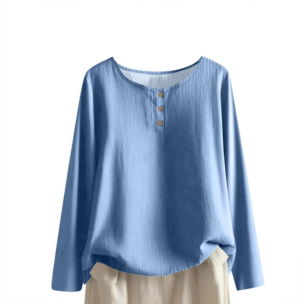 Women's Fashionable And Casual Shirt Long Sleeve Round Neck -color Cotton And Linen Blouse Top