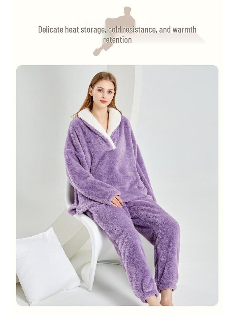 Pijamale de iarnă lungi din pluș pentru femei 2025, Set de homewear de Crăciun european și american, Mărimi mari