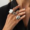 Exaggerated Black Love Acrylic Diamond Ring Set, Design Sense Metal Threaded Lip Ring