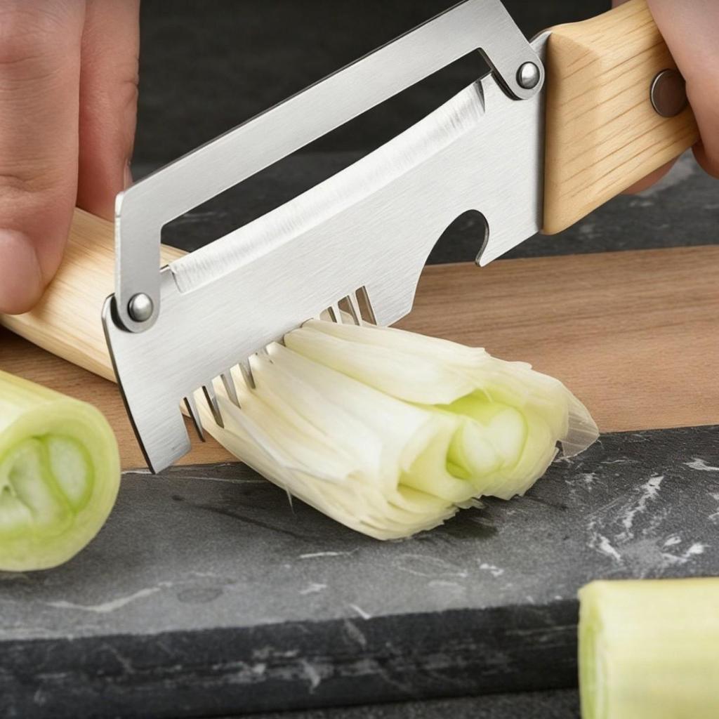 Multi-functional Wooden Handle Stainless Steel Peeler & Melon/Scallion Slicer