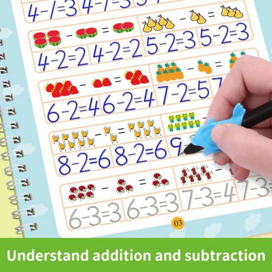 4Pcs Writing Exercise Book Practice Copybook Handwriting Workbook Kit with Letters Numbers English Grooved Learning Activity Workbook for Kids