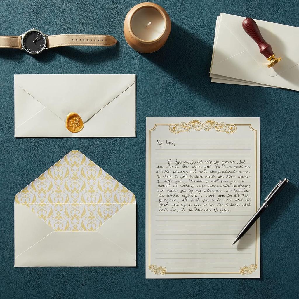 Paper Junkie Letter Paper & Envelopes Set - 60 Sheets (7.2 x 10.2 In) & 30 Ivory Envelopes (4 x 7.7 in), Gold Border, 100 GSM - Vintage Lined