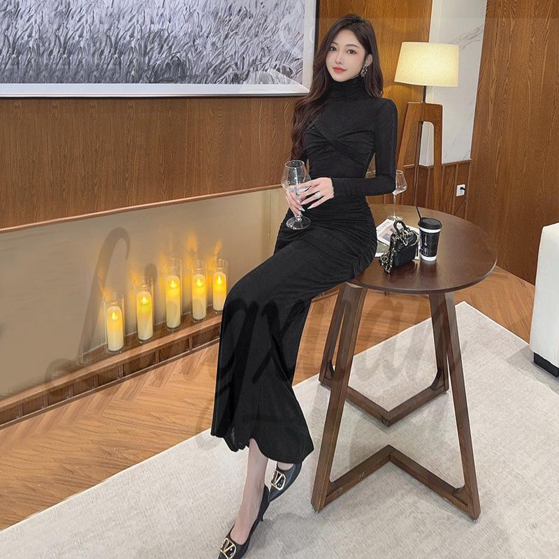Autumn/Winter High Neck Ruched Cross-Front Slim-Fit Long Sleeve Dress, Wearable As a Base Layer, Hip-Hugging Long Skirt