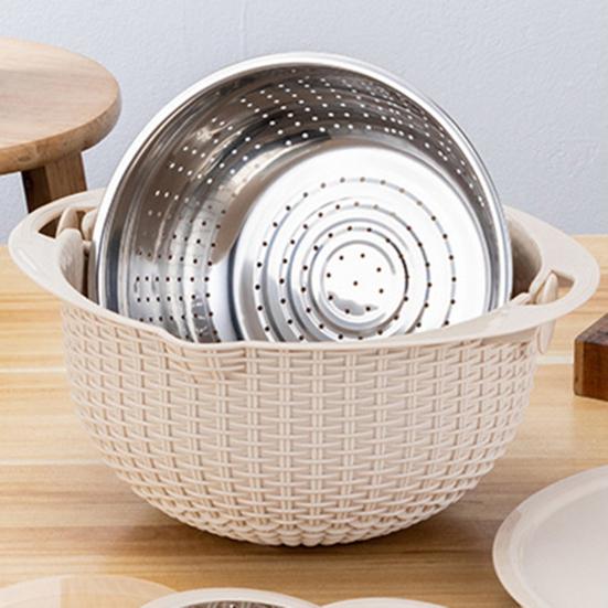 1 Set Stainless Steel Drain Basket Double-layered Rotatable Anti-skid Bottom Kitchen