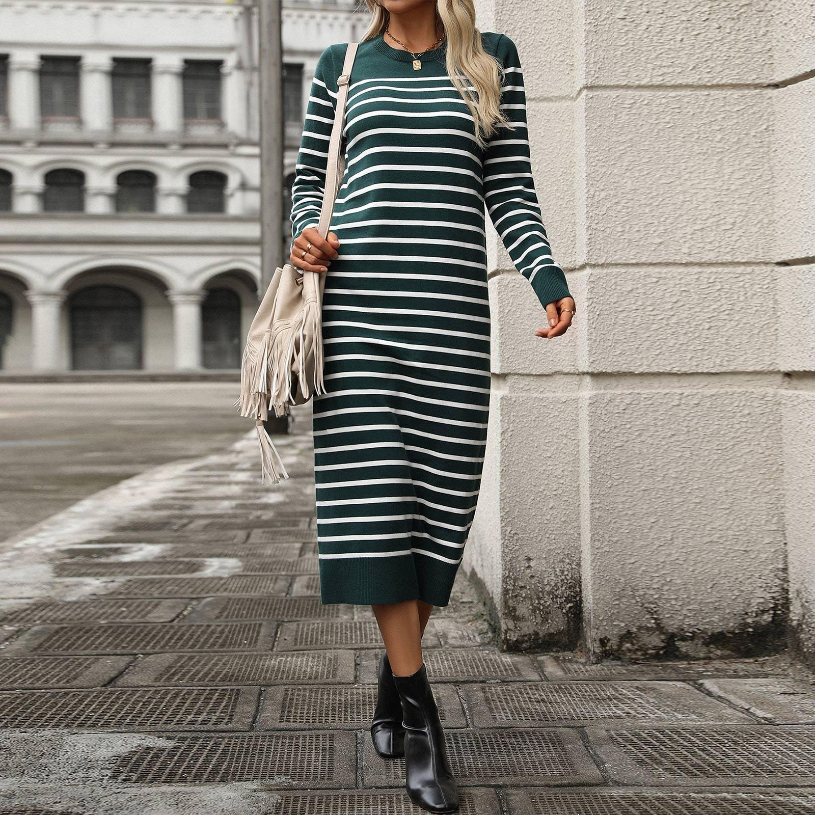 

Женская мода, новый приталенный цветной свитер, полосатая длинная юбка, модное осеннее и зимнее платье S