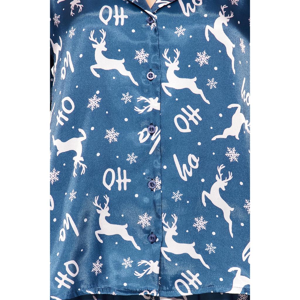 Set de pijama țesute cu pantaloni-cămașă din satin cu tematică de Anul Nou bleumarin-multicolor Thmaw24pt00037