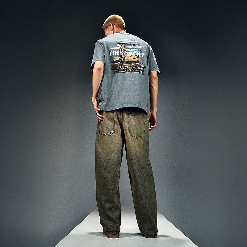 

HM Men s Clothing T-shirt 2025 Summer New Back Print Heavy American round Neck Loose Short sleeve Top 1271804 Turquoise XS(165/84)