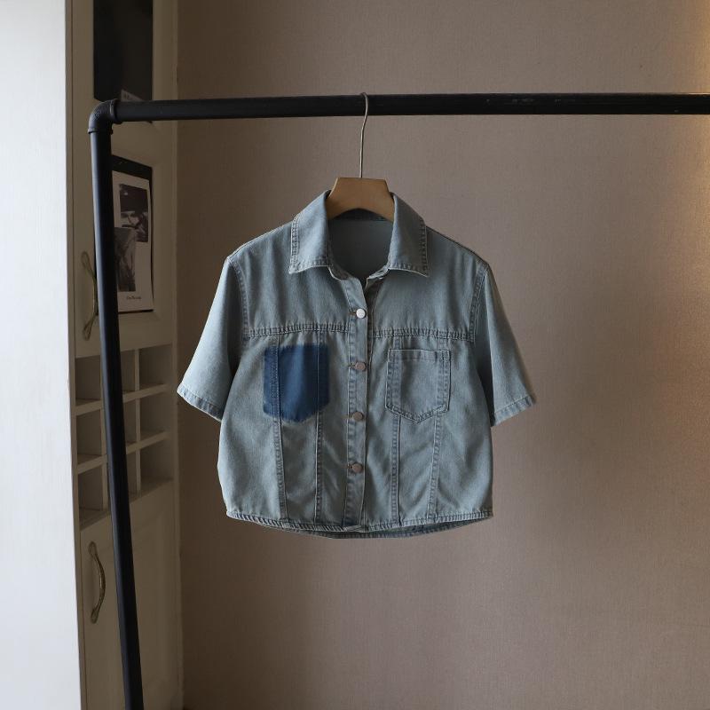 

Летняя женская джинсовая рубашка в корейском стиле кэжуал с коротким рукавом для миниатюрных женщин One Size