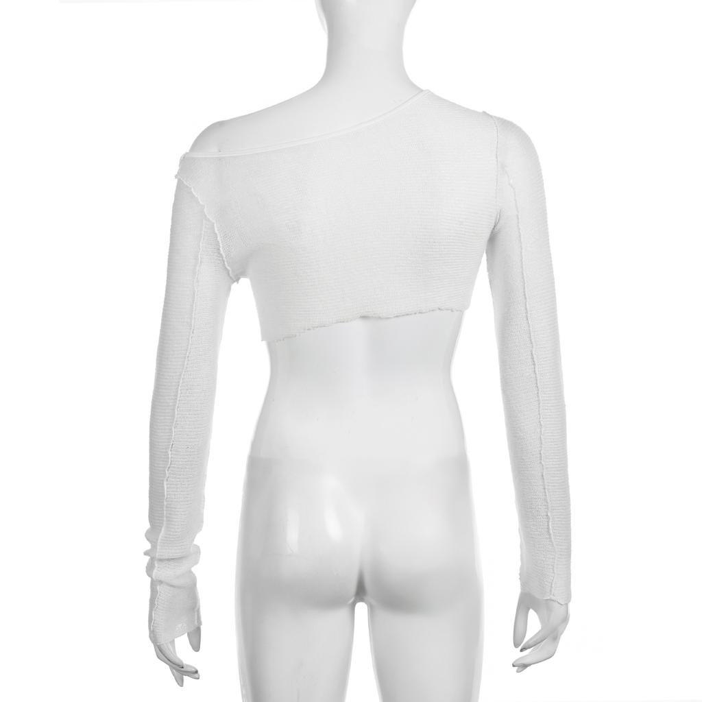WTEMPO Brand Pure Desire Style Perspective Mesh Oblique Neck Long Sleeve Women's T-Shirt Sexy Short Loose Slim Blouse Splice Pullover Tops