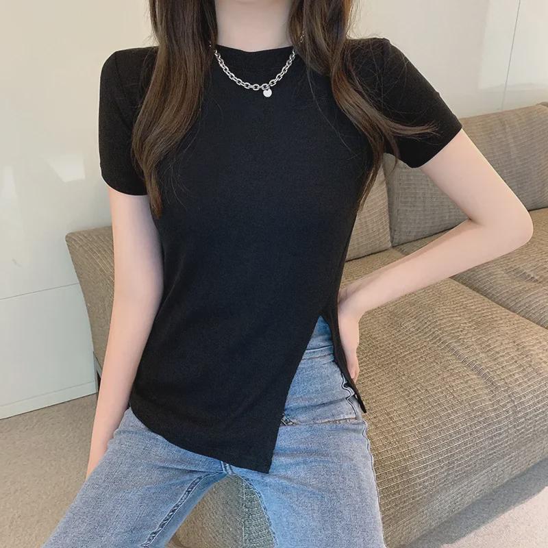 2024 Summer Trendy Slim Black Side-Slit T-Shirt - Women's Chic Short-Sleeve Top