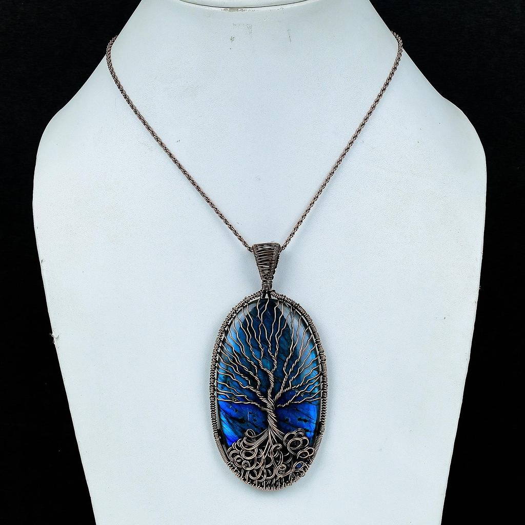 Tree Of Life Labradorite Pendant, Handmade Gemstone 999 Copper Wire Wrap Pendant Antique Jewelry, For Gift Silver Jewelry