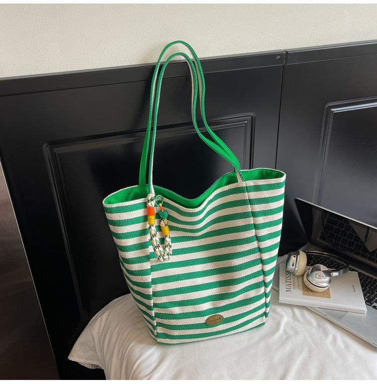 Women's Nylon Cartoon Puppy Embroidery Single Shoulder Tote Bag with Pendant, Striped Double-Sided Design