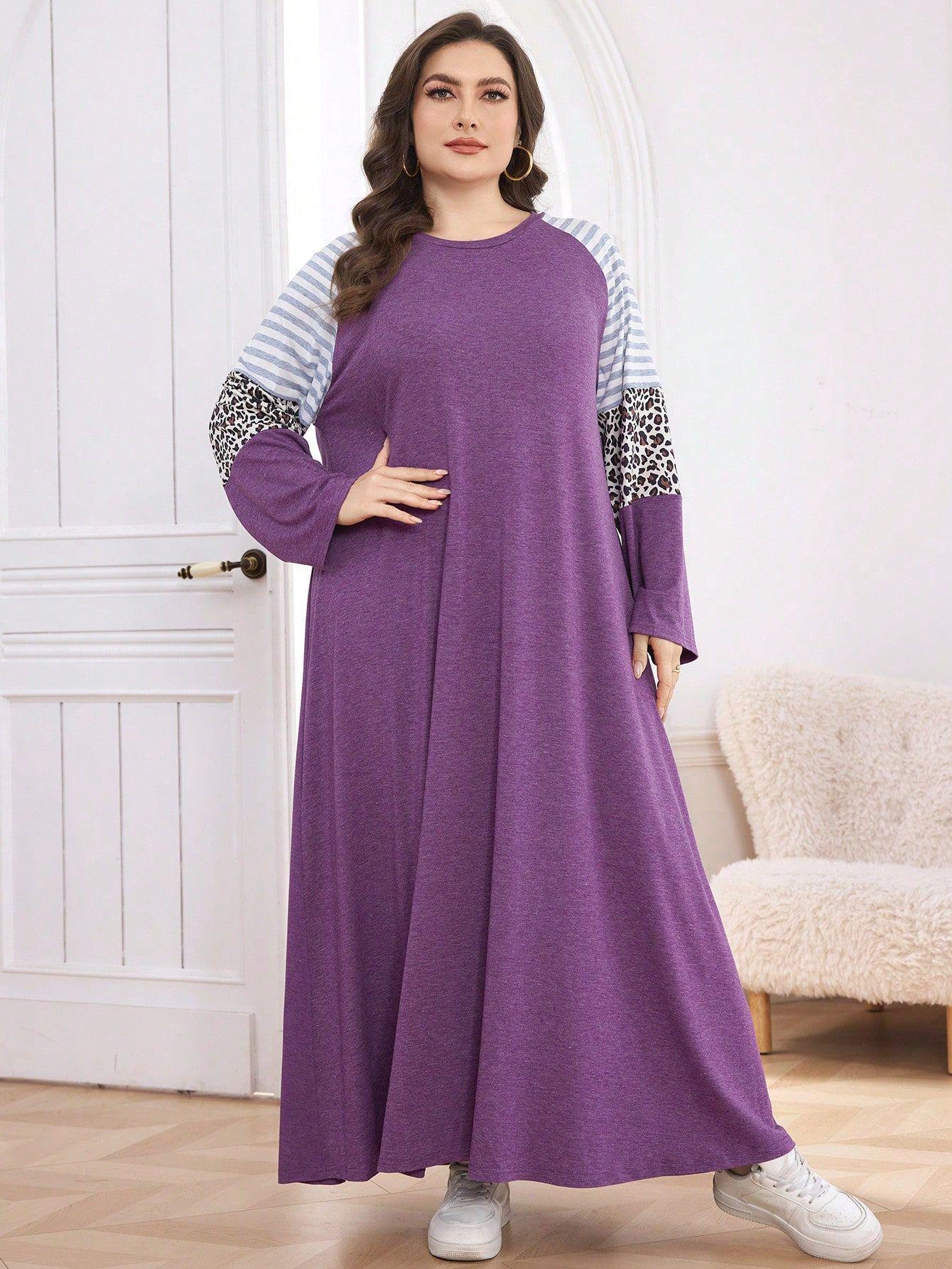 

Исламское женское платье-халат в стиле пэчворк со полосками, с длинным рукавом, Дубай - Большой размер, Фиолетовый, Круглый вырез 1XL фиолетовый