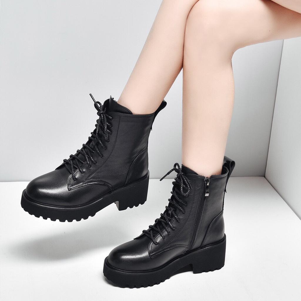 Women's boots 2025 winter new British style platform leather boots black first layer cowhide lace-up short boots casual muffin boots