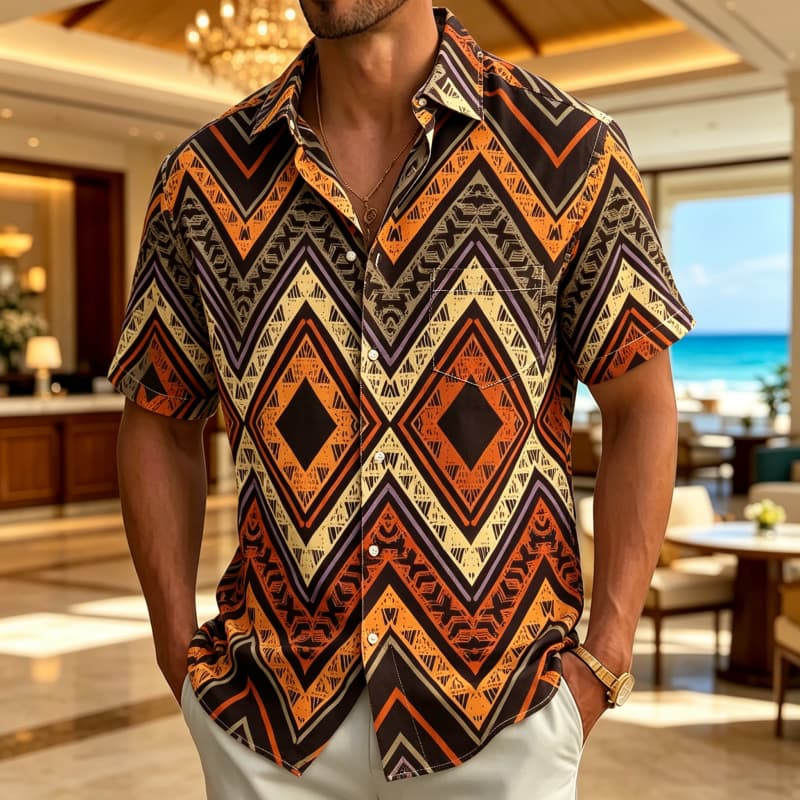 Men's Tribal Style Printed Vacation Shirt, Short Sleeved Shirt With Pockets, Suitable For Vacation Wear And Retro Ethnic Style